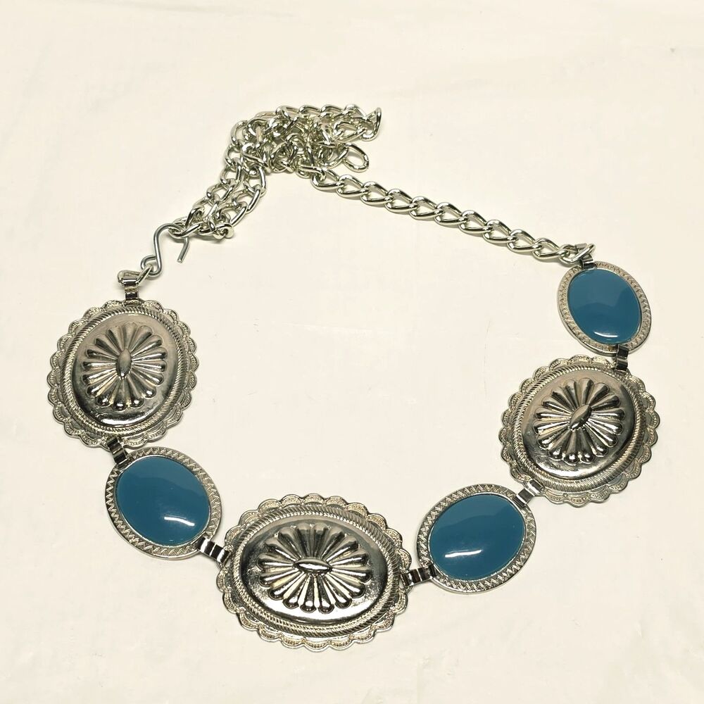 Omega Vintage Western Oval Teal Cabochon Concho Silver Chain Belt M/L Cowgirl